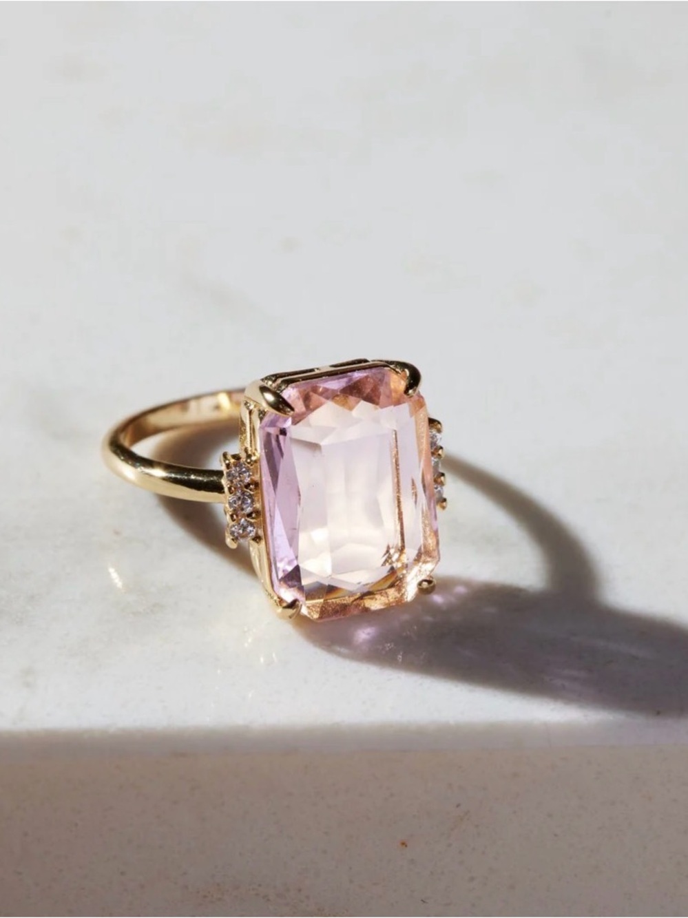 Nickel & Suede gold plated Ring with Pale Pink Emerald-Cut Stone